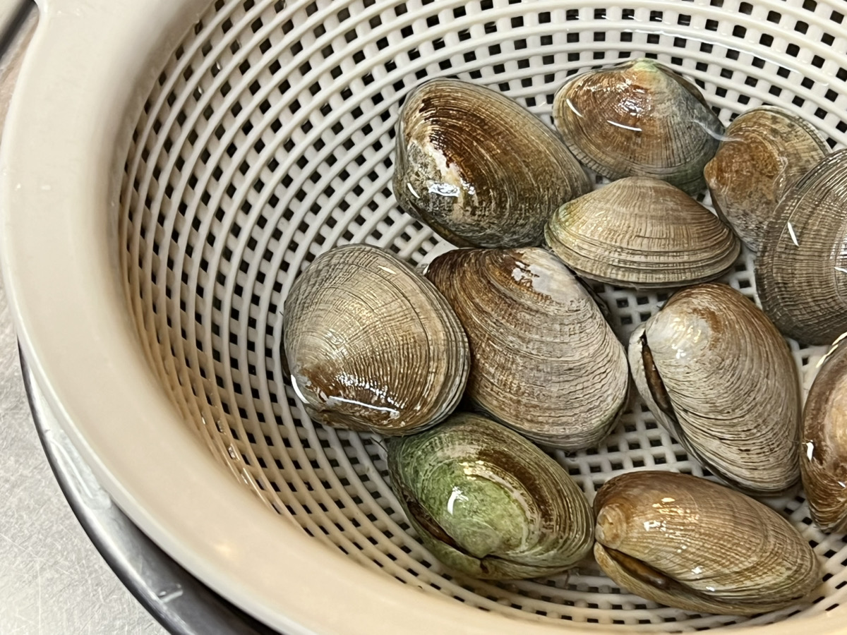 ボウルにザルを重ね、塩水にあさりを浸ける